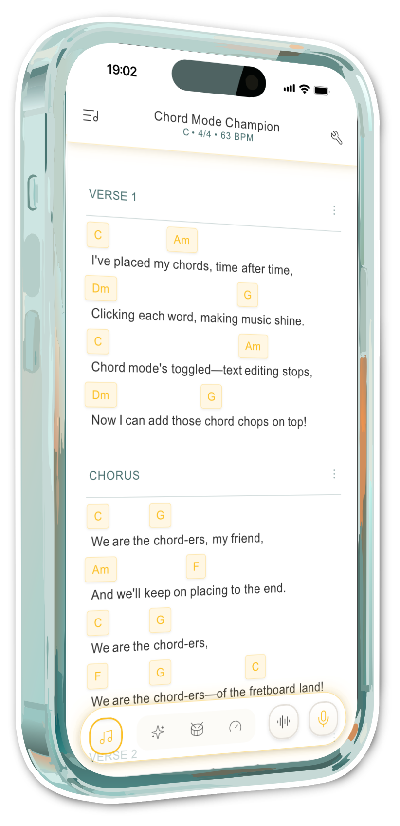 SongScribe app showing chord editor with lyrics