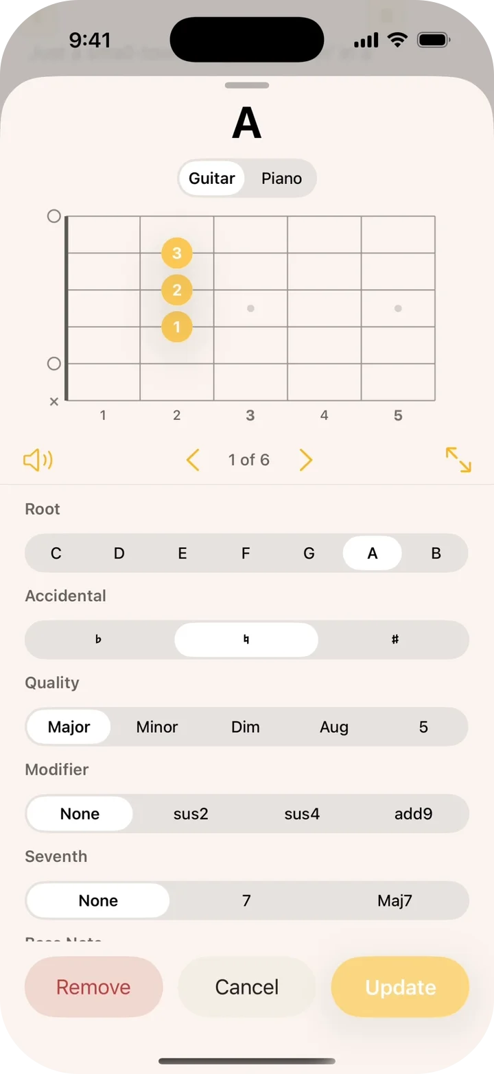 Chord picker showing multiple guitar voicings