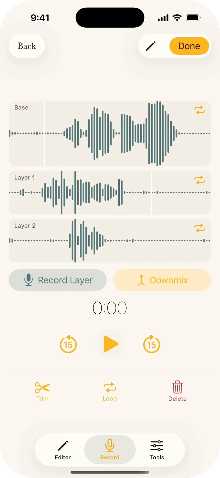 Multi-track recording view with waveforms