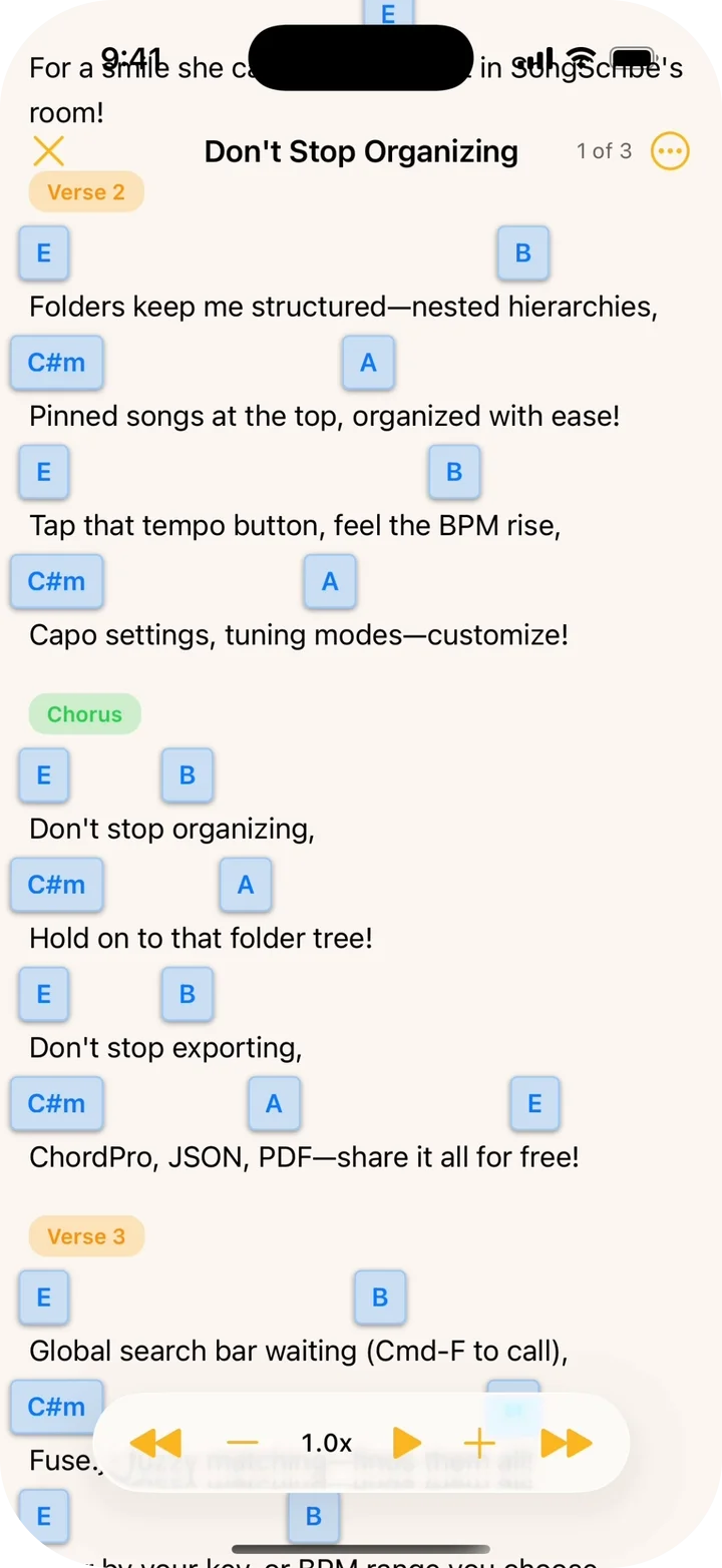 Performance mode with large lyrics and chord chart