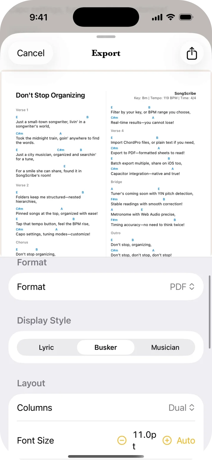 Export preview showing a formatted lead sheet