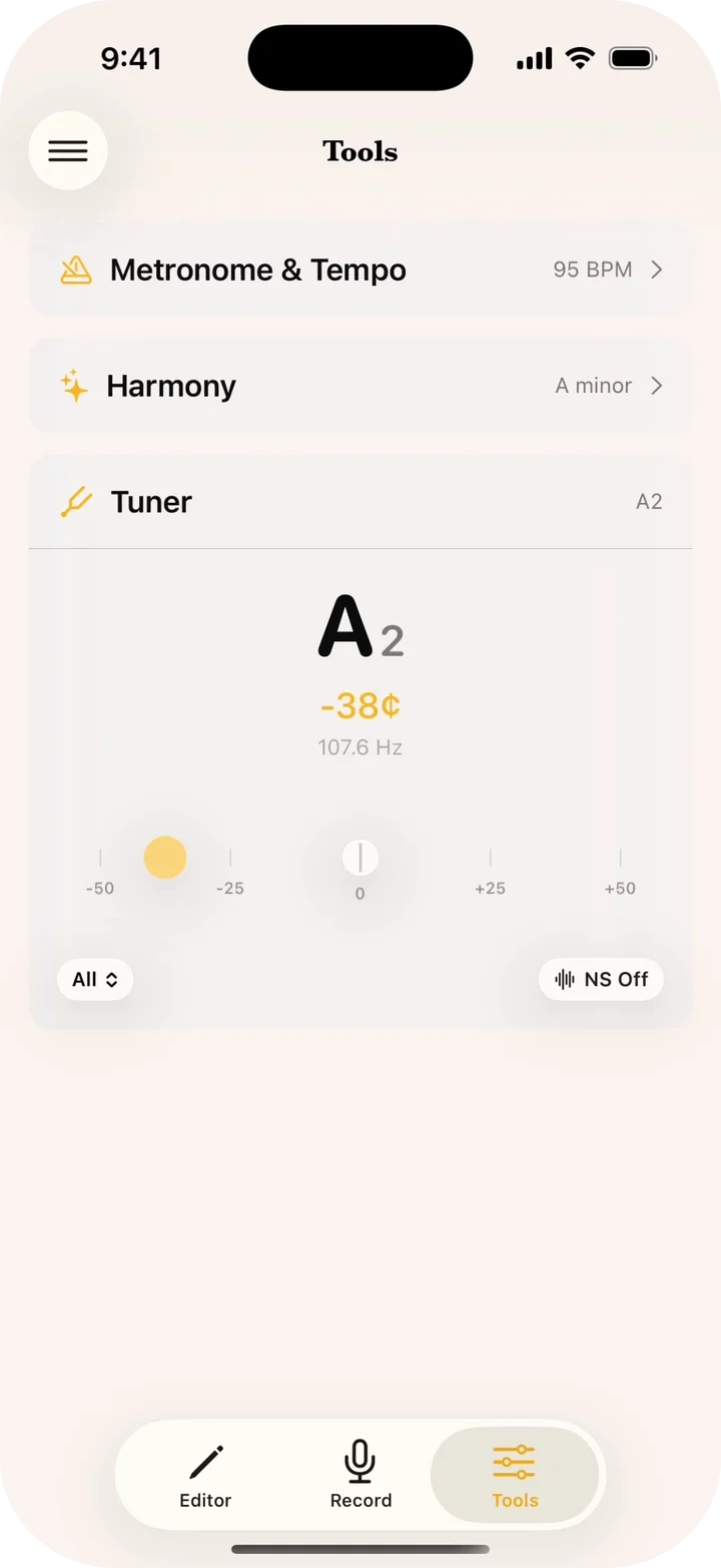 Instrument tuner showing precise pitch tracking